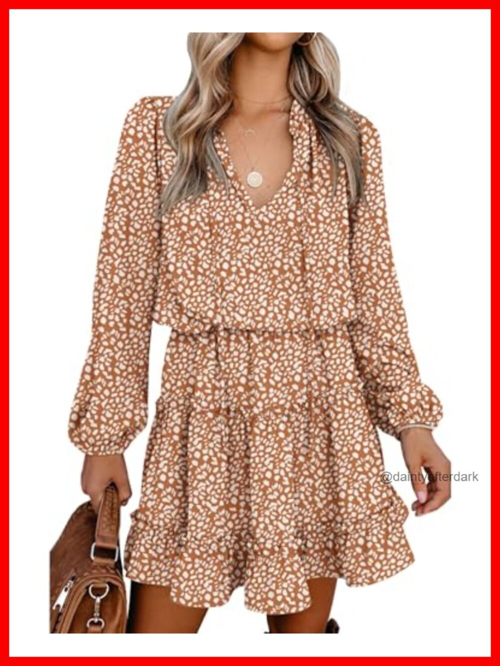 Long Sleeve Tie V Neck Ruffle Tiered Mini Dress A-Line